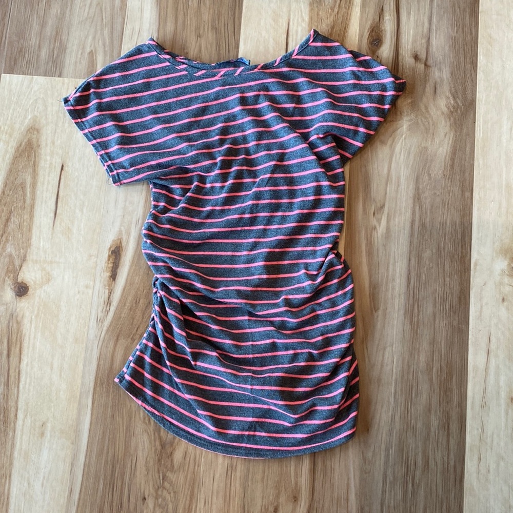 Pink and gray stripe maternity shirt